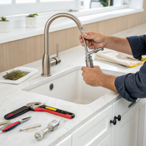 "A person's hands installing a new kitchen faucet"