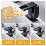 The waterfall faucet displays different colors based on the water temperature