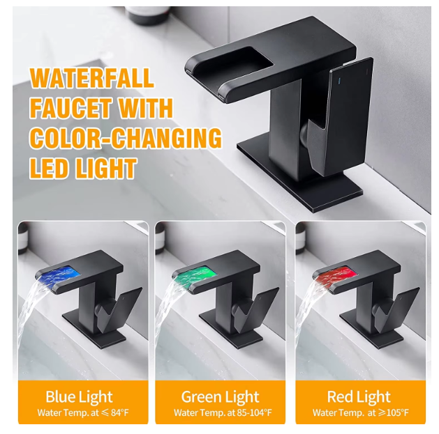 The waterfall faucet displays different colors based on the water temperature