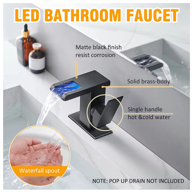 LED Solid 304 Stainless Steel Waterfall Black Single Hole Bathroom Sink