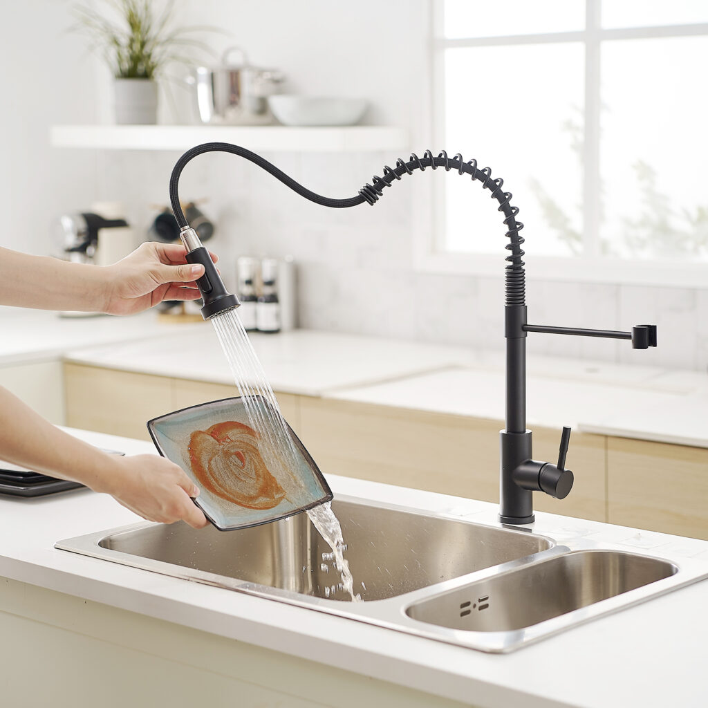 black high-arc kitchen faucet with sprayer