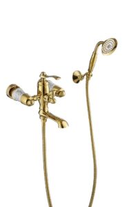 Gold Brass Vintage Wall-Mounted Handheld Shower Set with Ceramic Deco