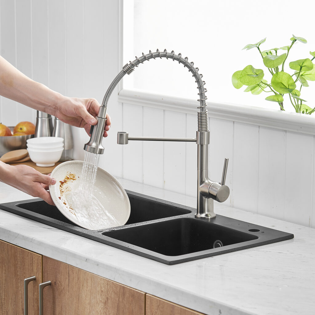 dual spray spring kitchen faucet