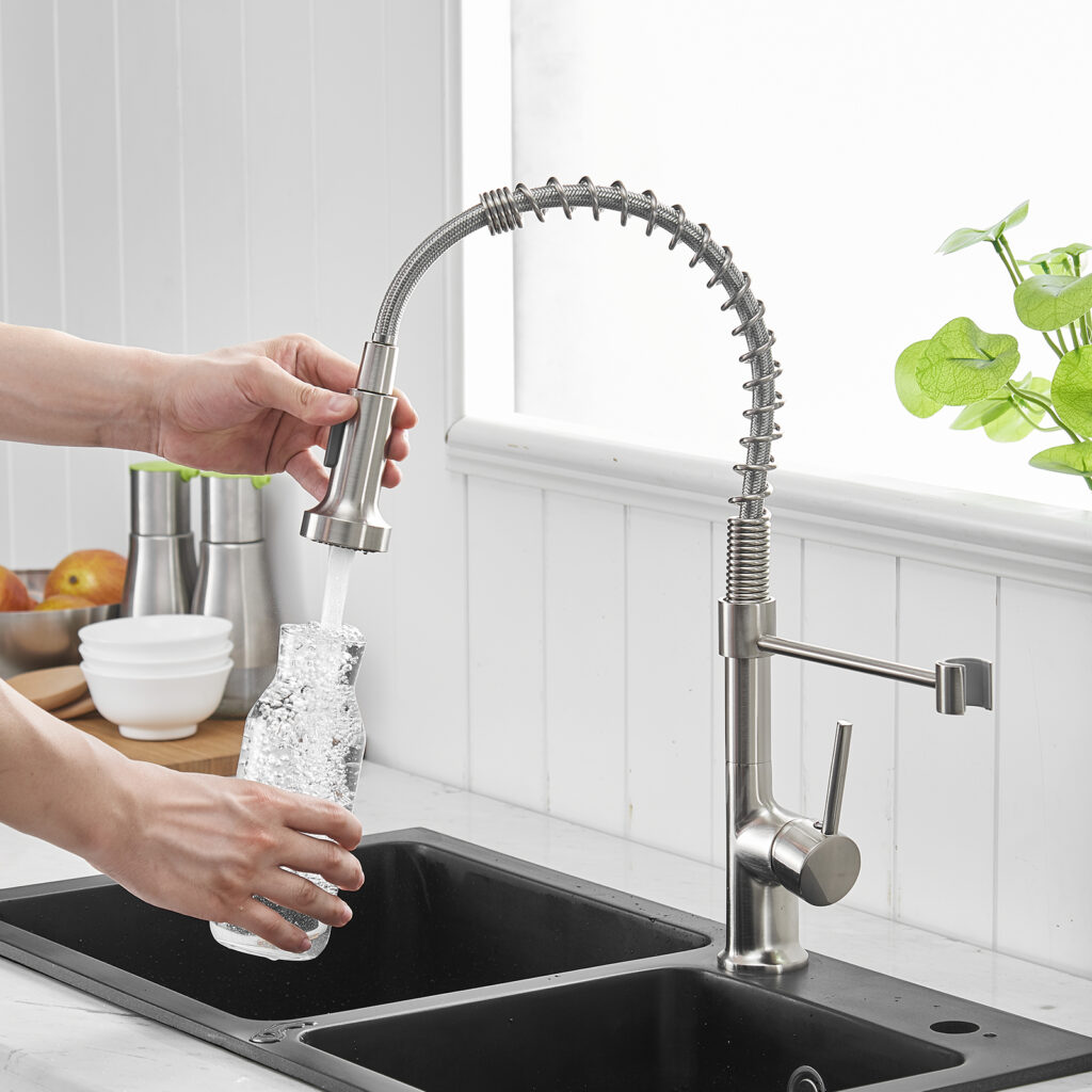 dual spray spring kitchen faucet